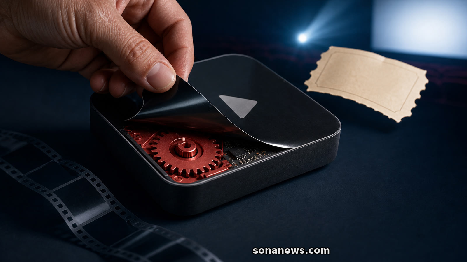 Mão levanta a fachada de um botão de reprodução e revela uma engrenagem vermelha, entre película, bilhete e ecrã de cinema.