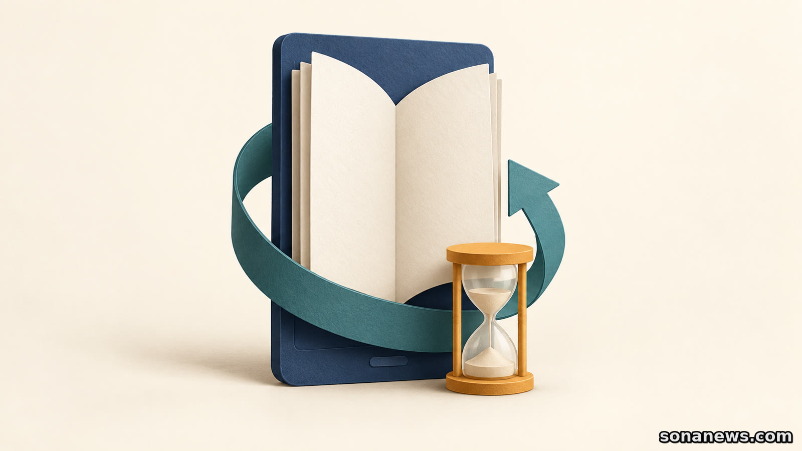 Ilustração de páginas abertas num leitor digital, com uma seta de retorno e uma ampulheta, evocando o empréstimo de livros na BiblioLED.