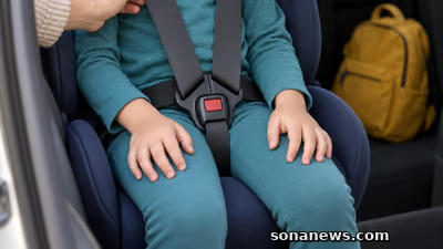 Mão adulta verifica o arnês de uma cadeirinha antes do trajeto escolar, com mochila amarela no piso traseiro.