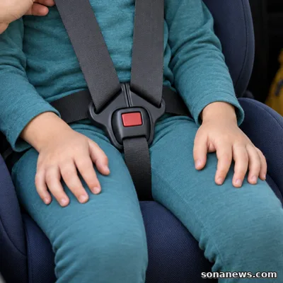 Mão adulta verifica o arnês de uma cadeirinha antes do trajeto escolar, com mochila amarela no piso traseiro.
