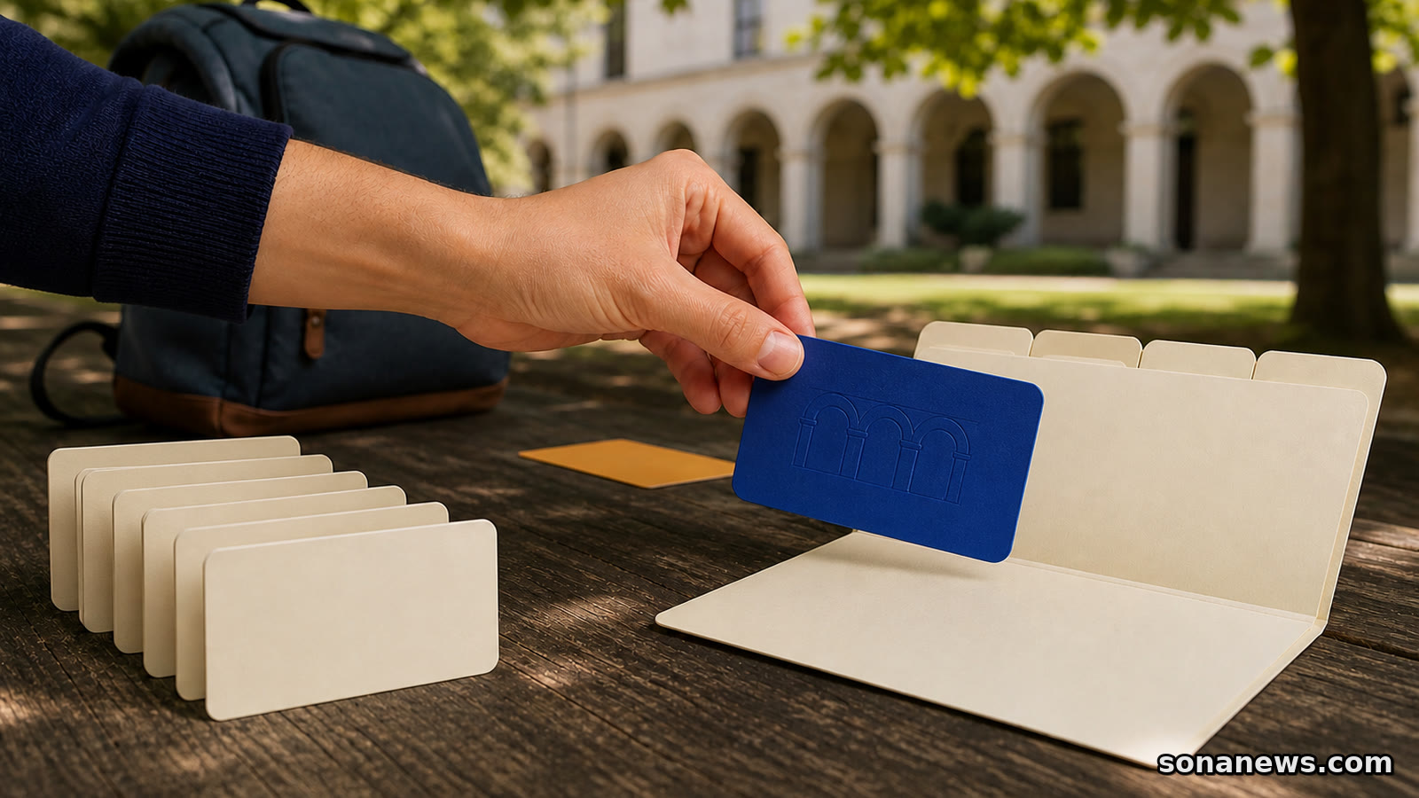 Mão move ficha azul de preferências para pasta de matrícula num banco de campus, ilustrando os resultados do ensino superior.