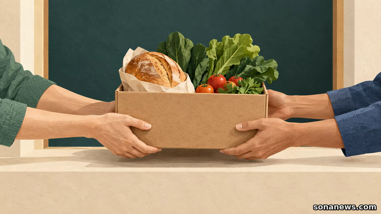 Ilustração de uma caixa de pão e vegetais entregue entre mãos num balcão, evocando a recolha de excedentes pela FoodConnect em Portugal.