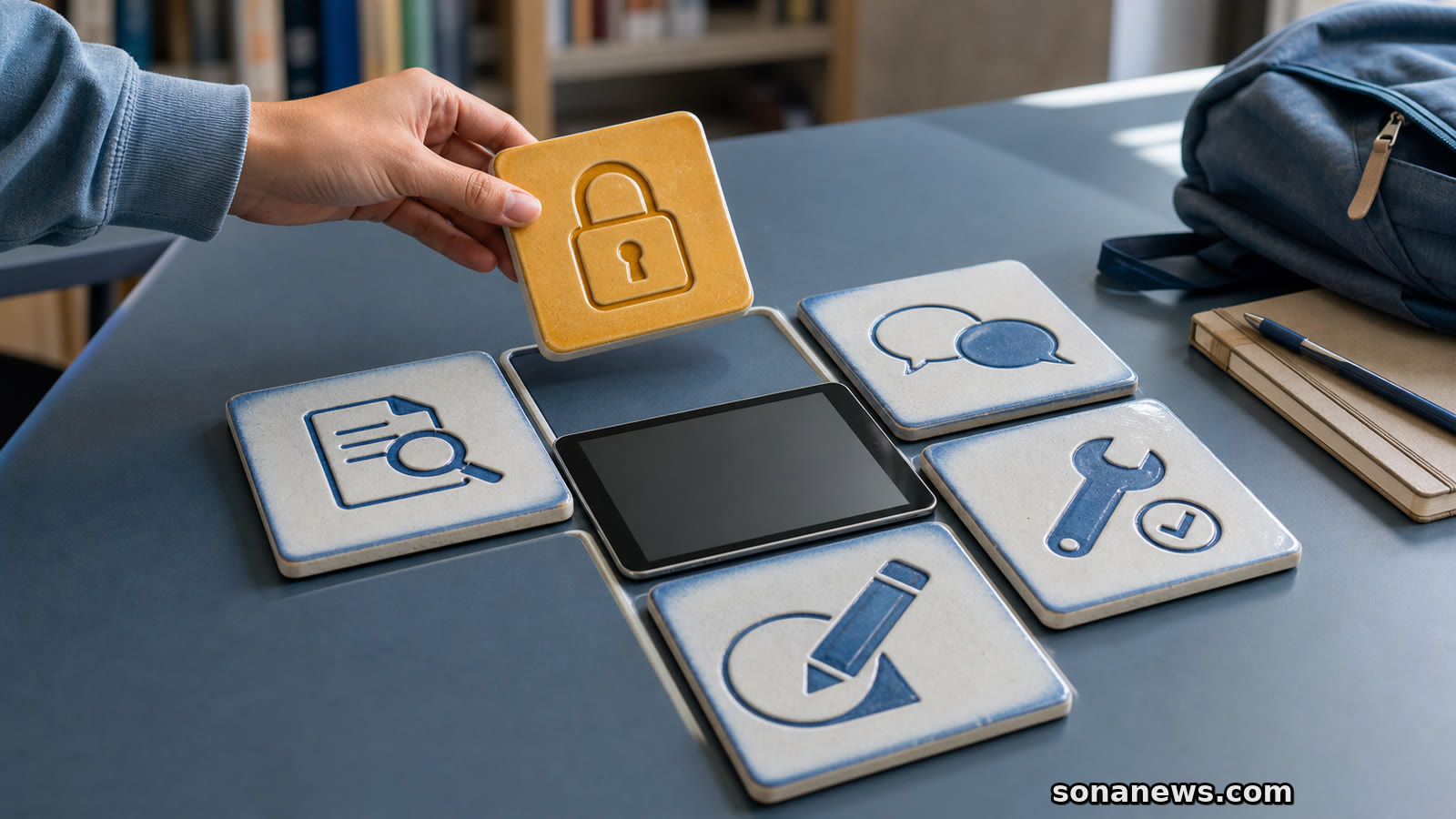 Mão coloca a quinta peça das competências digitais junto a um tablet numa mesa de estudo.
