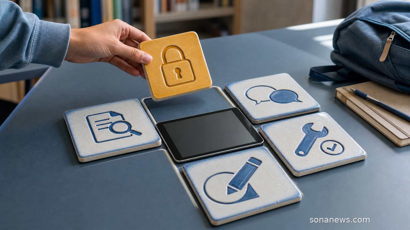 Mão coloca a quinta peça das competências digitais junto a um tablet numa mesa de estudo.
