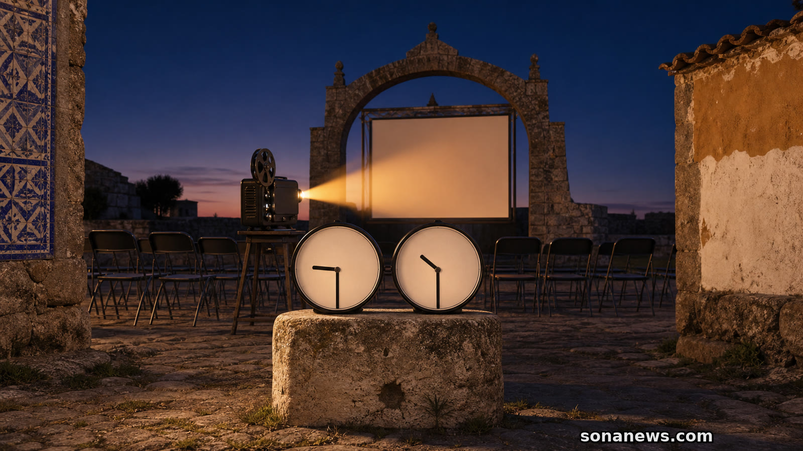 Dois relógios com uma hora de diferença diante de um projetor e ecrã de cinema ao ar livre na Raia.