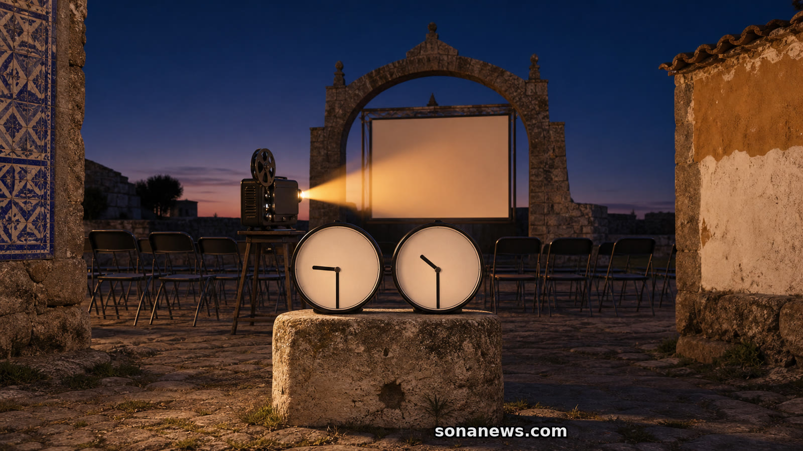 Dois relógios com uma hora de diferença diante de um projetor e ecrã de cinema ao ar livre na Raia.