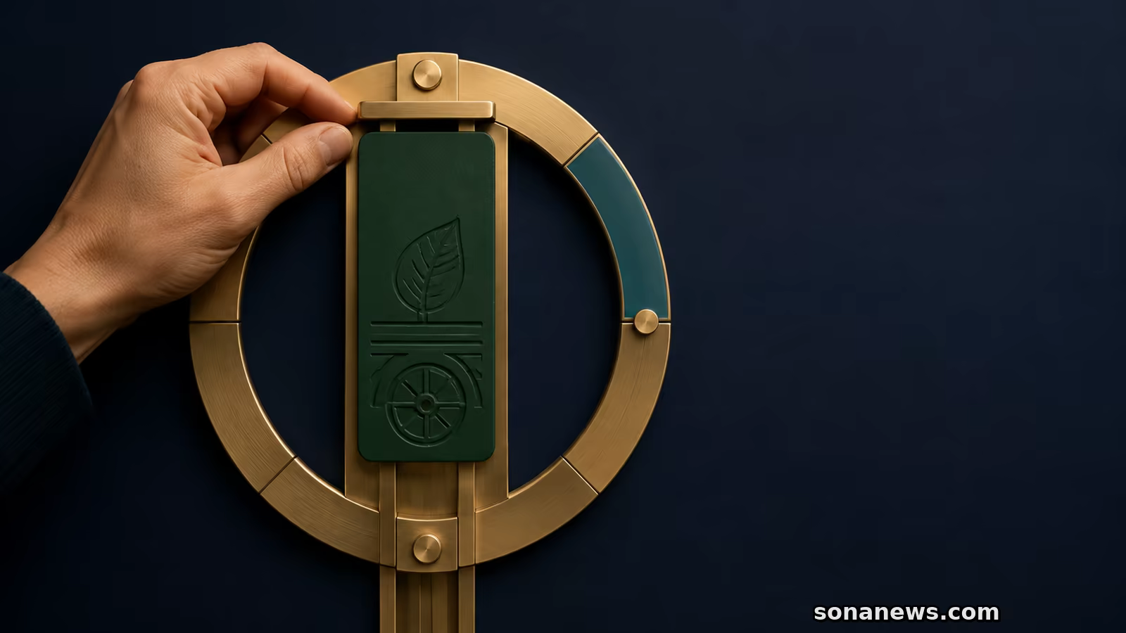 Mão ajusta marcador verde no teto de mecanismo trimestral dos Certificados de Aforro Série F.