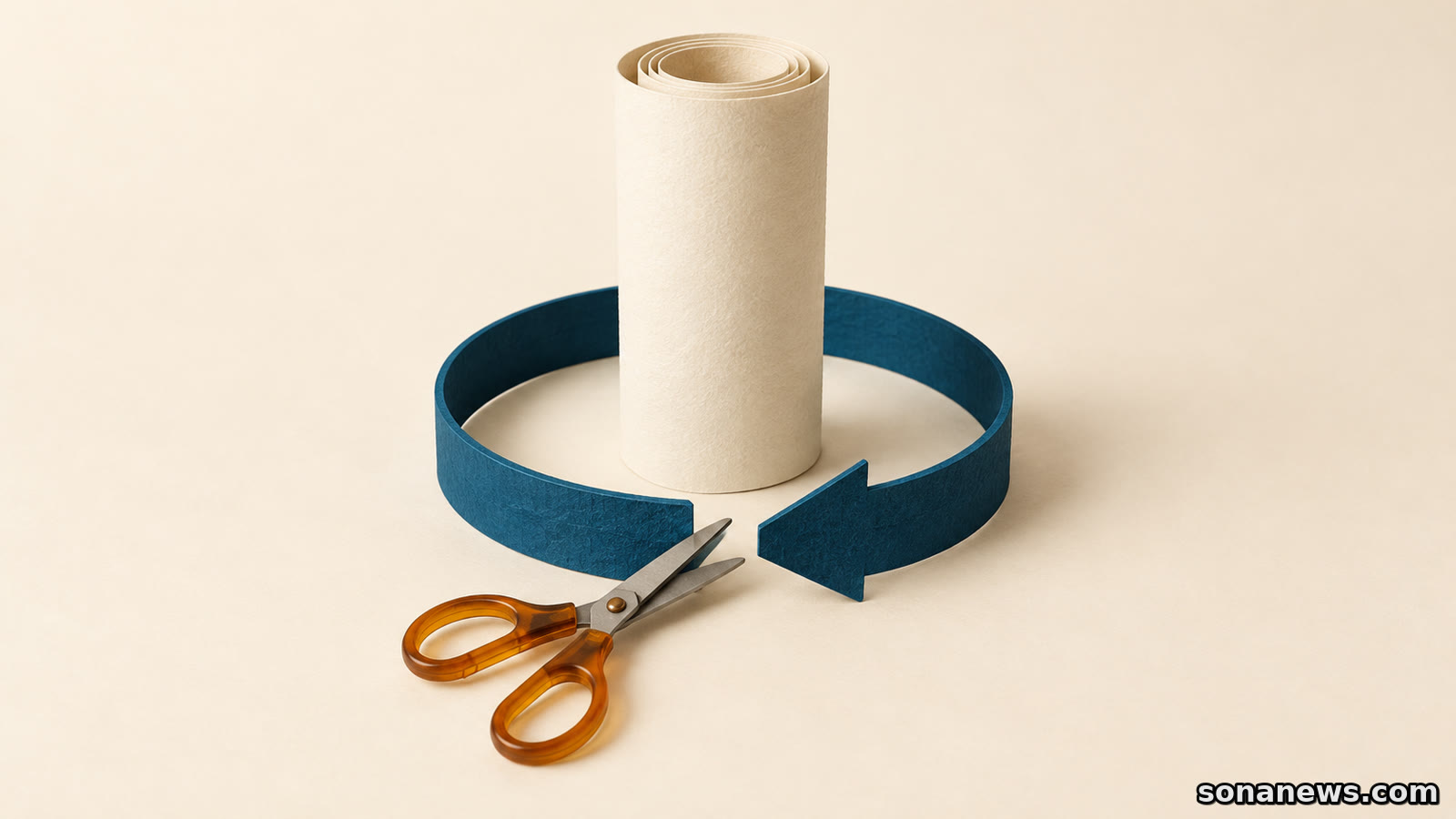 Ilustração de uma tesoura junto a uma seta circular interrompida e um rolo de papel intacto, distinguindo débito direto e contrato.