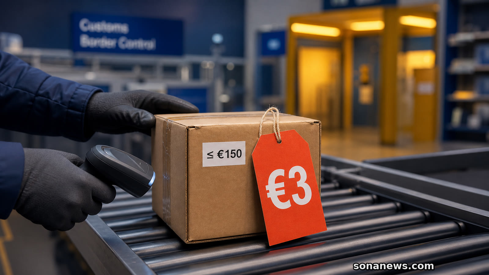 Pequena encomenda importada numa esteira de alfândega com etiqueta de 3 euros, ilustrando o novo direito aduaneiro da UE para compras online de baixo valor.