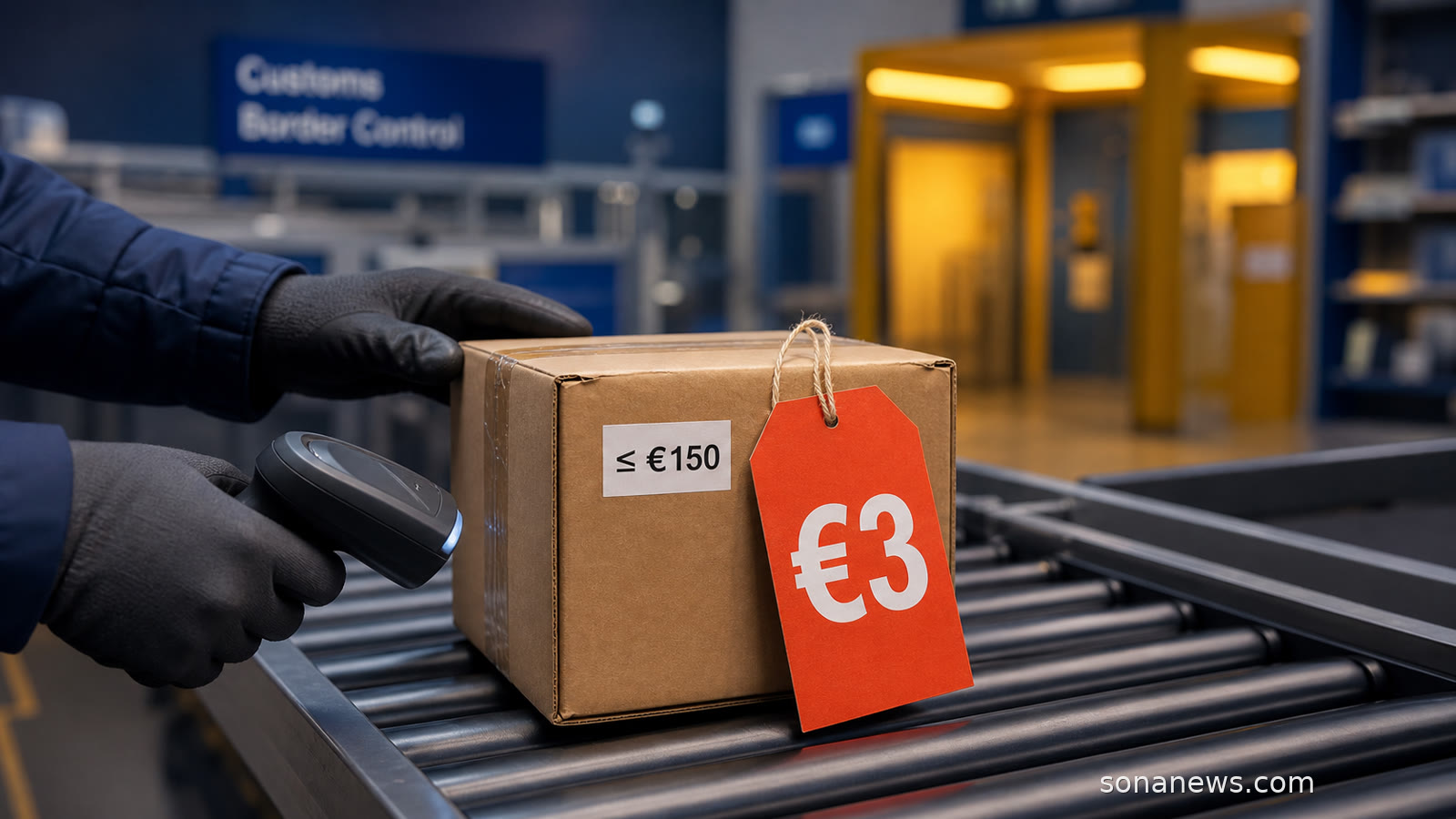 Pequena encomenda importada numa esteira de alfândega com etiqueta de 3 euros, ilustrando o novo direito aduaneiro da UE para compras online de baixo valor.