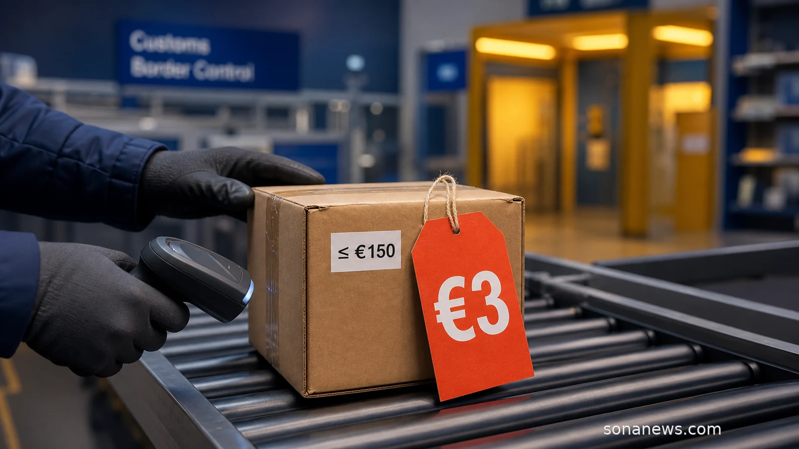Pequena encomenda importada numa esteira de alfândega com etiqueta de 3 euros, ilustrando o novo direito aduaneiro da UE para compras online de baixo valor.