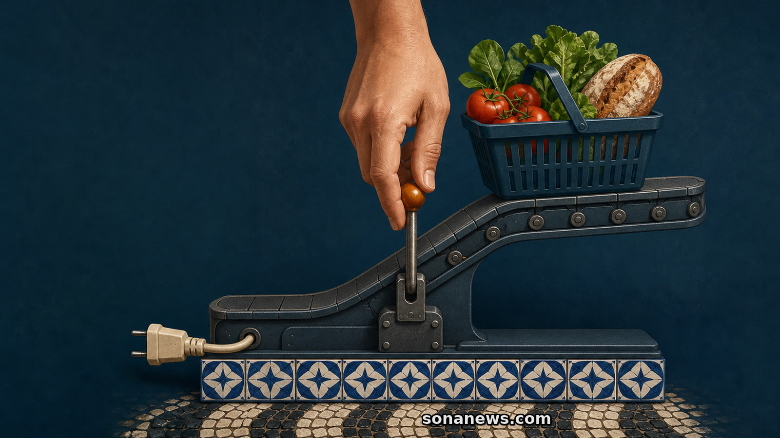 Mão reduz a velocidade de rampa elevada com cabaz de alimentos e energia, ilustrando o abrandamento da inflação em Portugal.
