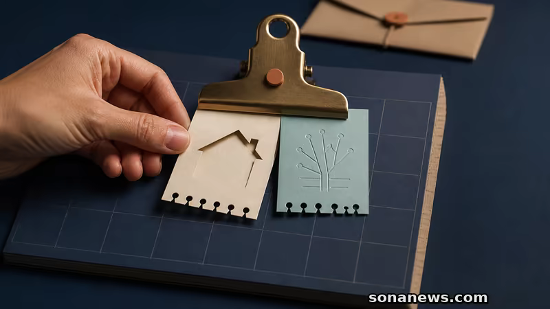 Mão alinha dois talões sem texto sob o mesmo clipe, ilustrando os prazos de IRS e IMI em Portugal.