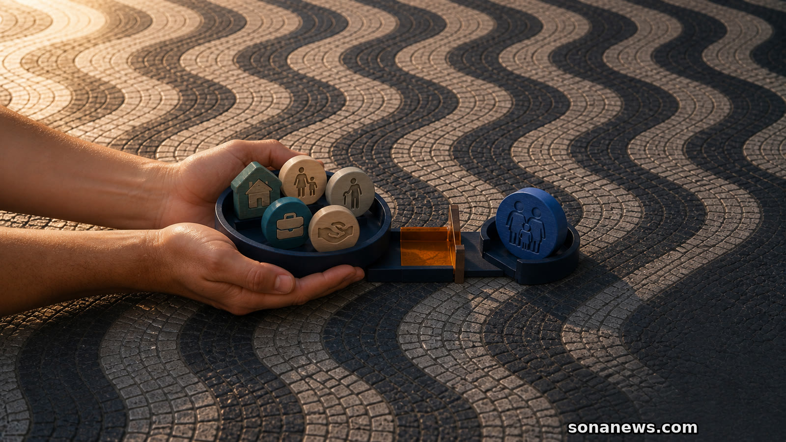 Mãos seguram cinco símbolos de apoio diante de uma passagem para um único símbolo familiar azul.