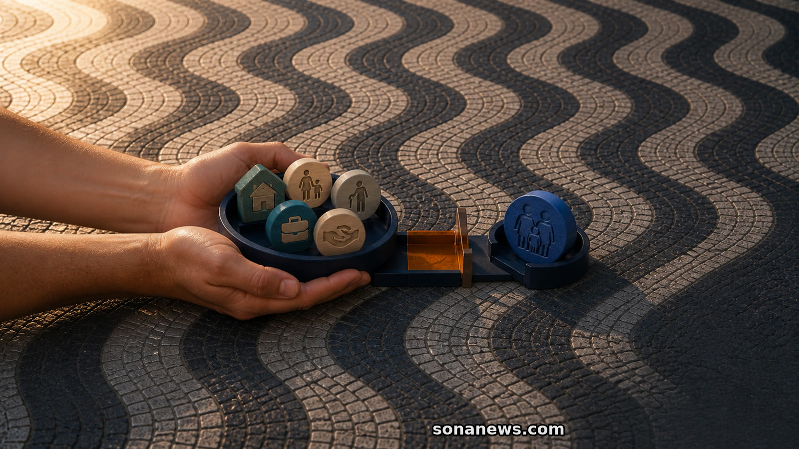 Mãos seguram cinco símbolos de apoio diante de uma passagem para um único símbolo familiar azul.