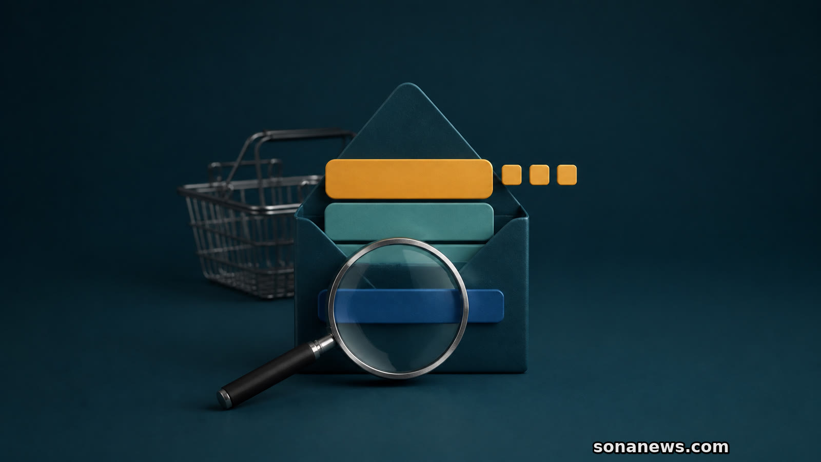 Lupa sobre três camadas de um recibo salarial conceptual, com cabaz desfocado ao fundo.