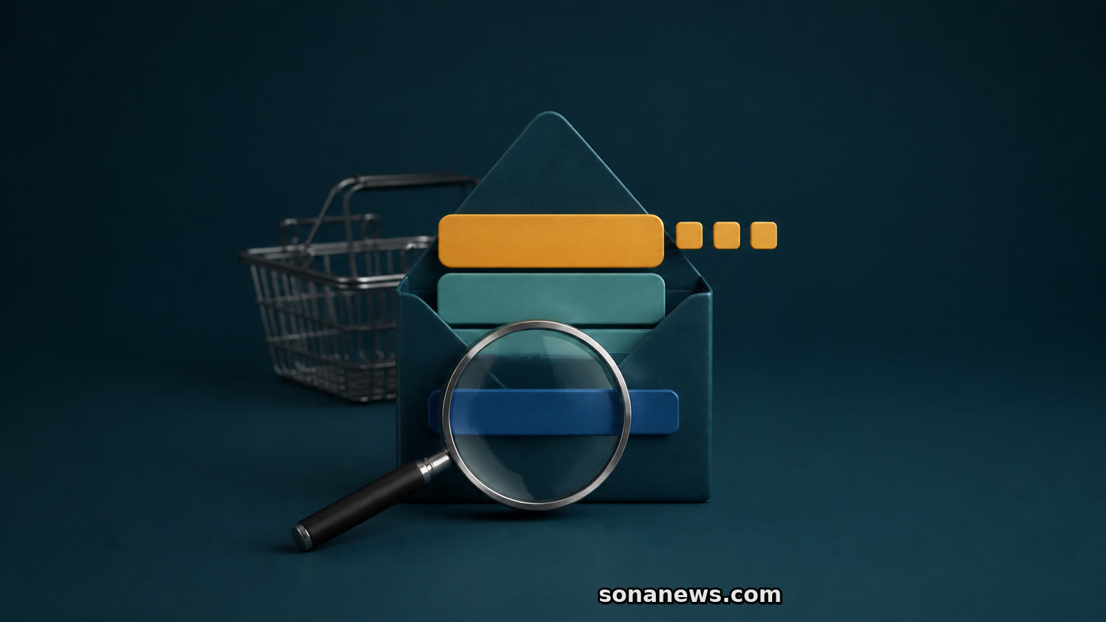 Lupa sobre três camadas de um recibo salarial conceptual, com cabaz desfocado ao fundo.