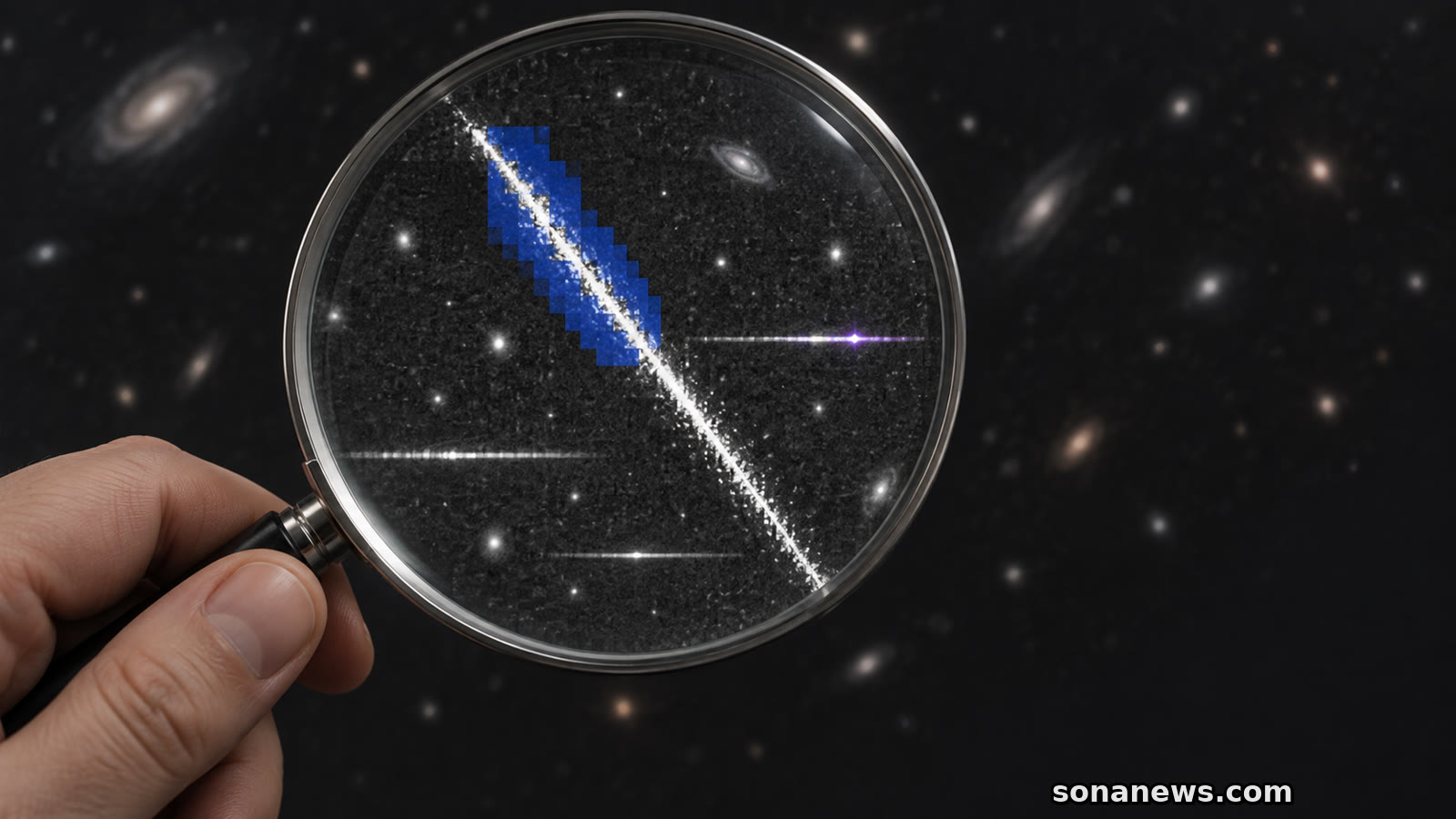 Lupa destaca uma máscara azul desalinhada sobre um risco diagonal em dados espectroscópicos, ilustrando o Artifact InSPECtor.