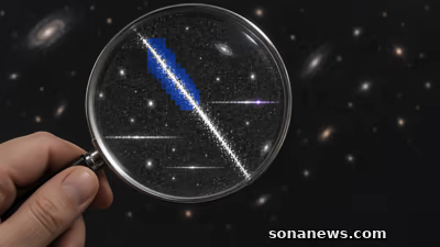 Lupa destaca uma máscara azul desalinhada sobre um risco diagonal em dados espectroscópicos, ilustrando o Artifact InSPECtor.