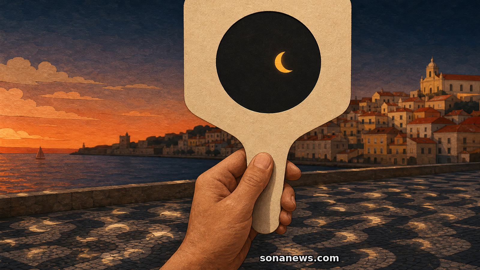 Mão segura um visor solar sobre a calçada portuguesa; no filtro escuro surge o crescente do eclipse parcial ao fim da tarde.