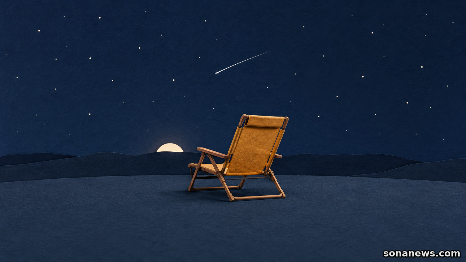 Ilustração de uma cadeira reclinável sob um meteoro, com a Lua parcialmente oculta pelo horizonte, evocando a preparação para observar as Oriónidas.