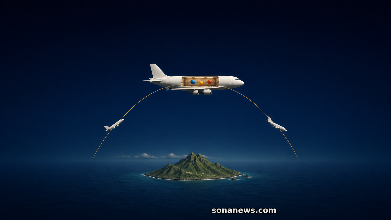 Avião em corte com três bolas flutuantes percorre uma parábola sobre uma ilha atlântica.