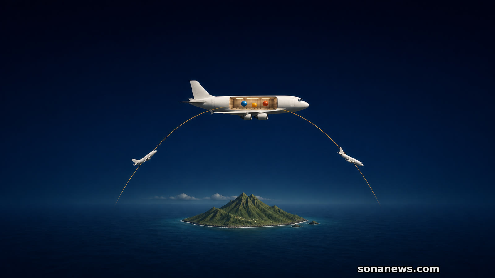Avião em corte com três bolas flutuantes percorre uma parábola sobre uma ilha atlântica.