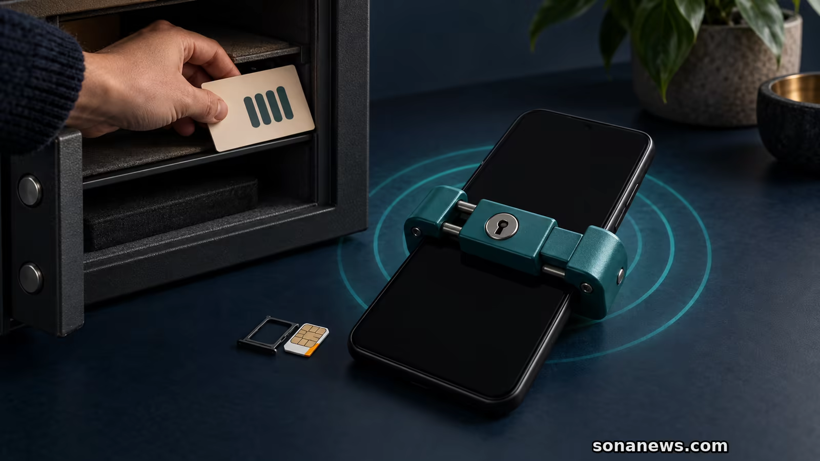 Telemóvel Android conceptual preso por cadeado, junto de SIM, anéis de localização e cartão de recuperação guardado num cofre.