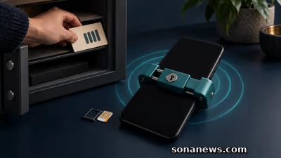 Telemóvel Android conceptual preso por cadeado, junto de SIM, anéis de localização e cartão de recuperação guardado num cofre.