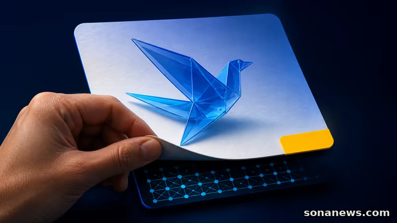 Mão levanta imagem de ave azul com etiqueta amarela e revela padrão técnico, ilustrando rótulos de conteúdo com IA na UE.