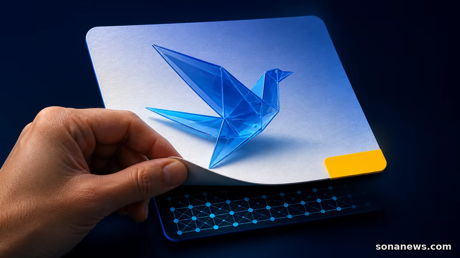 Mão levanta imagem de ave azul com etiqueta amarela e revela padrão técnico, ilustrando rótulos de conteúdo com IA na UE.