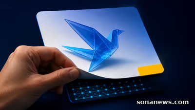 Mão levanta imagem de ave azul com etiqueta amarela e revela padrão técnico, ilustrando rótulos de conteúdo com IA na UE.