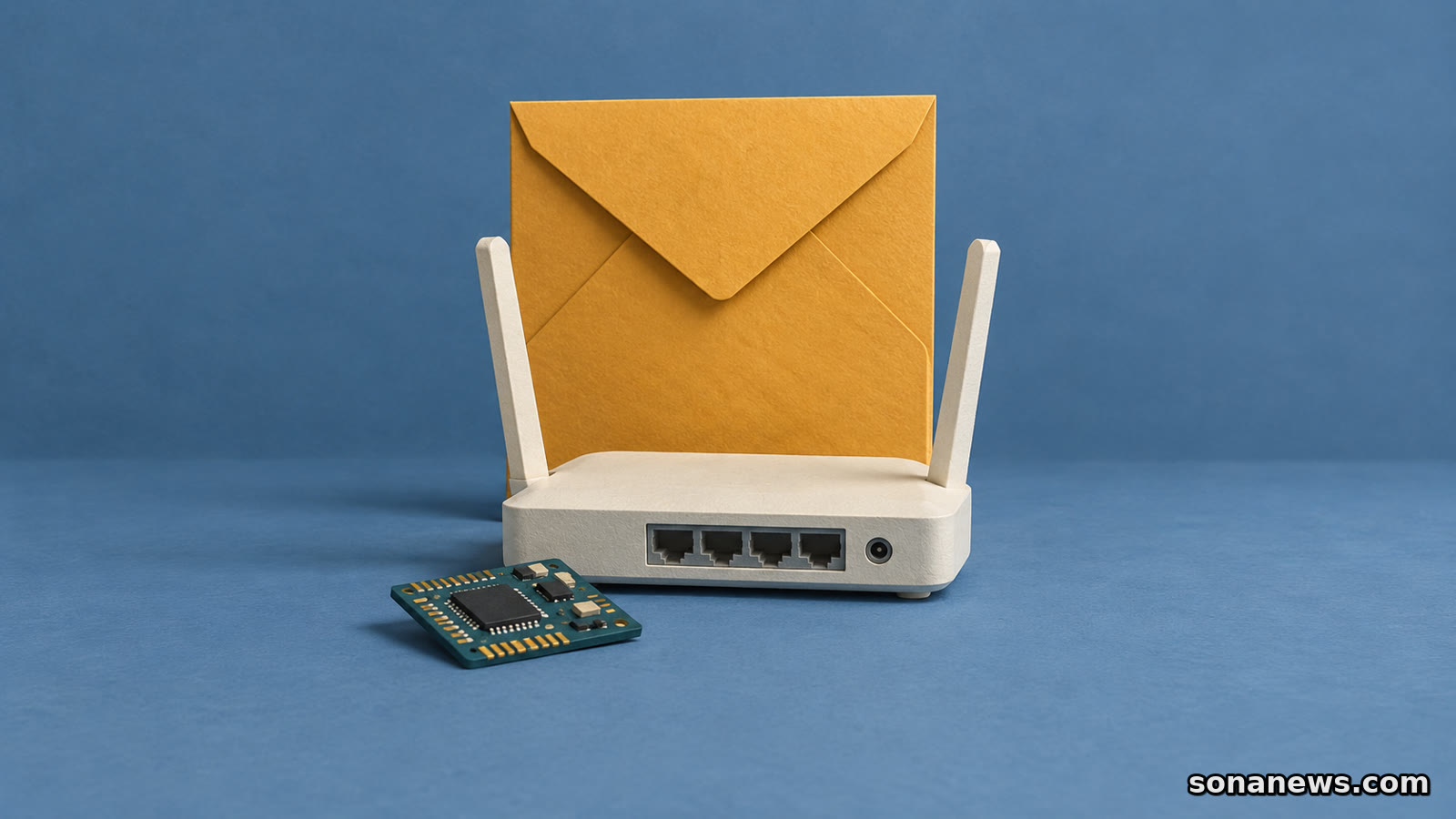 Ilustração conceptual de um envelope âmbar atrás de um router sem marca, com um módulo separado, distinguindo notificação de falhas e correção.