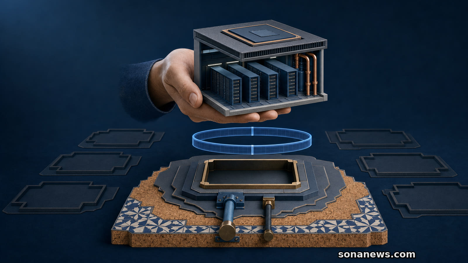 Mão mantém um modelo de gigafábrica de IA acima de um portal de avaliação e de uma base vazia com azulejos portugueses.