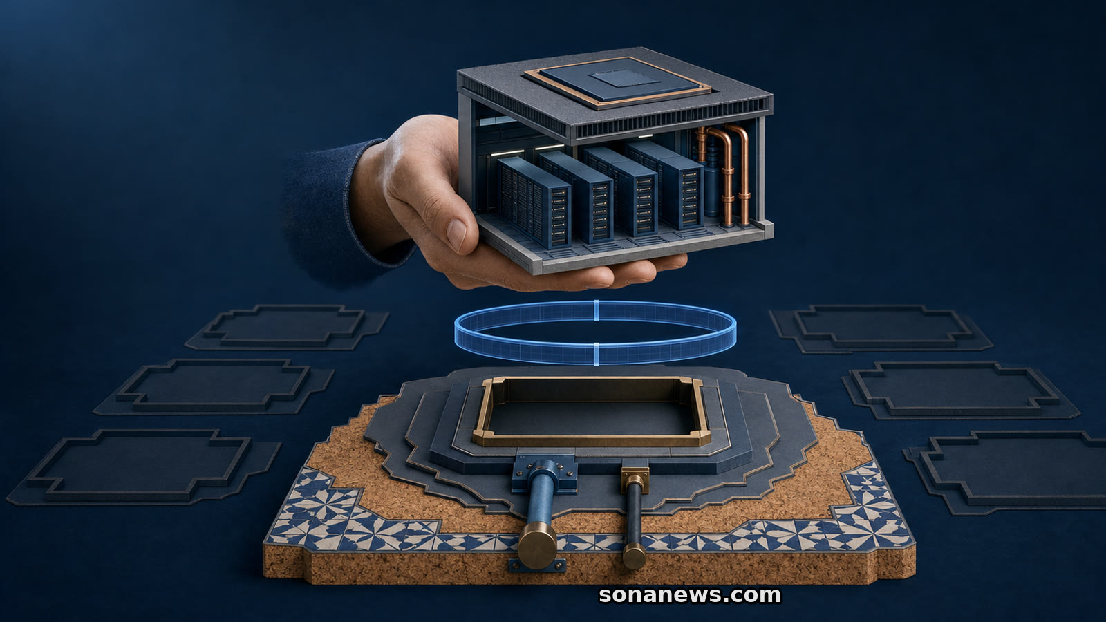 Mão mantém um modelo de gigafábrica de IA acima de um portal de avaliação e de uma base vazia com azulejos portugueses.