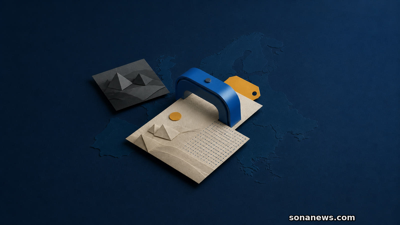 Scanner azul revela uma matriz digital numa paisagem de papel etiquetada, ao lado de um cartão sintético sem rótulo.