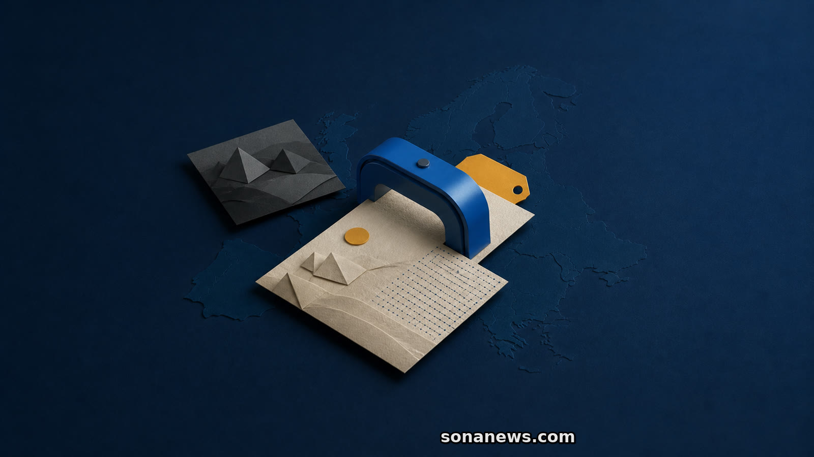 Scanner azul revela uma matriz digital numa paisagem de papel etiquetada, ao lado de um cartão sintético sem rótulo.