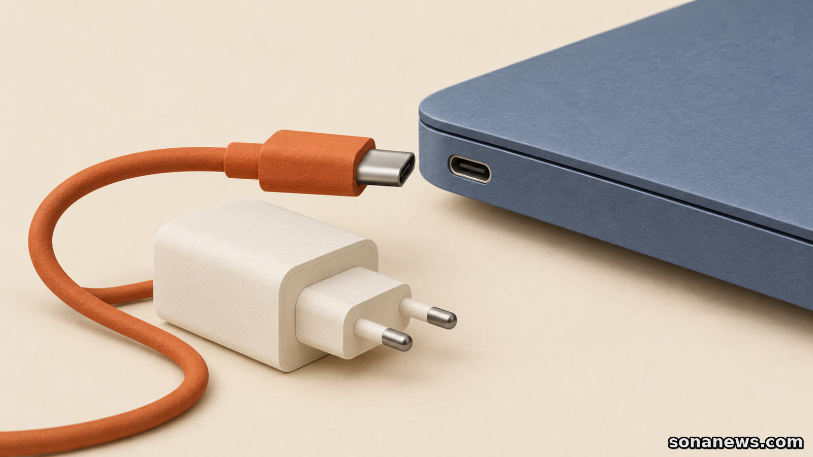 Ilustração de uma ficha USB-C laranja diante da entrada de um portátil, com um carregador ao lado, evocando a verificação de compatibilidade.