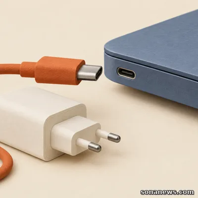 Ilustração de uma ficha USB-C laranja diante da entrada de um portátil, com um carregador ao lado, evocando a verificação de compatibilidade.