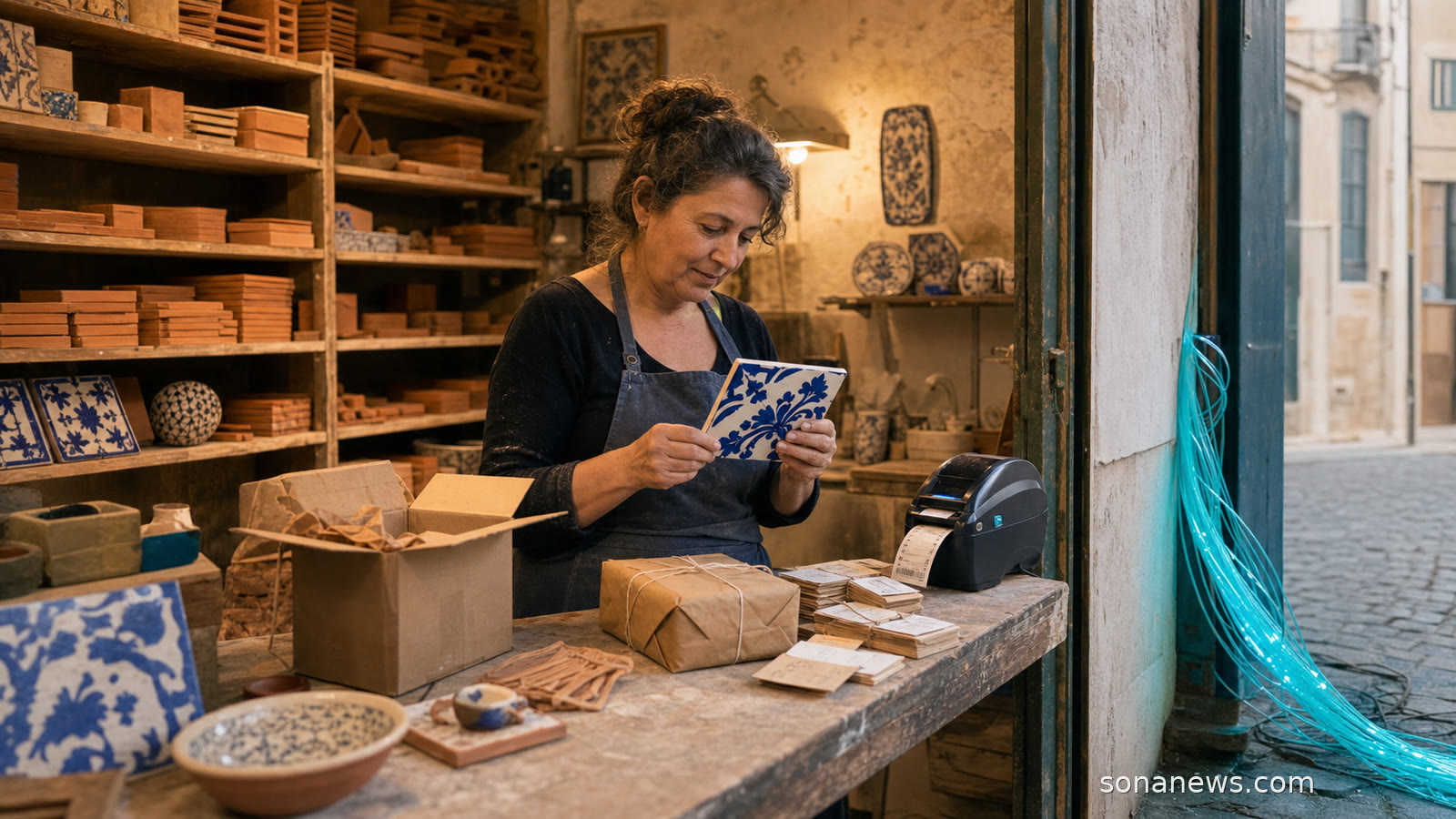 Artesã portuguesa segura um azulejo azul numa pequena oficina onde fibras luminosas encontram etiquetas de estoque ainda manuais.