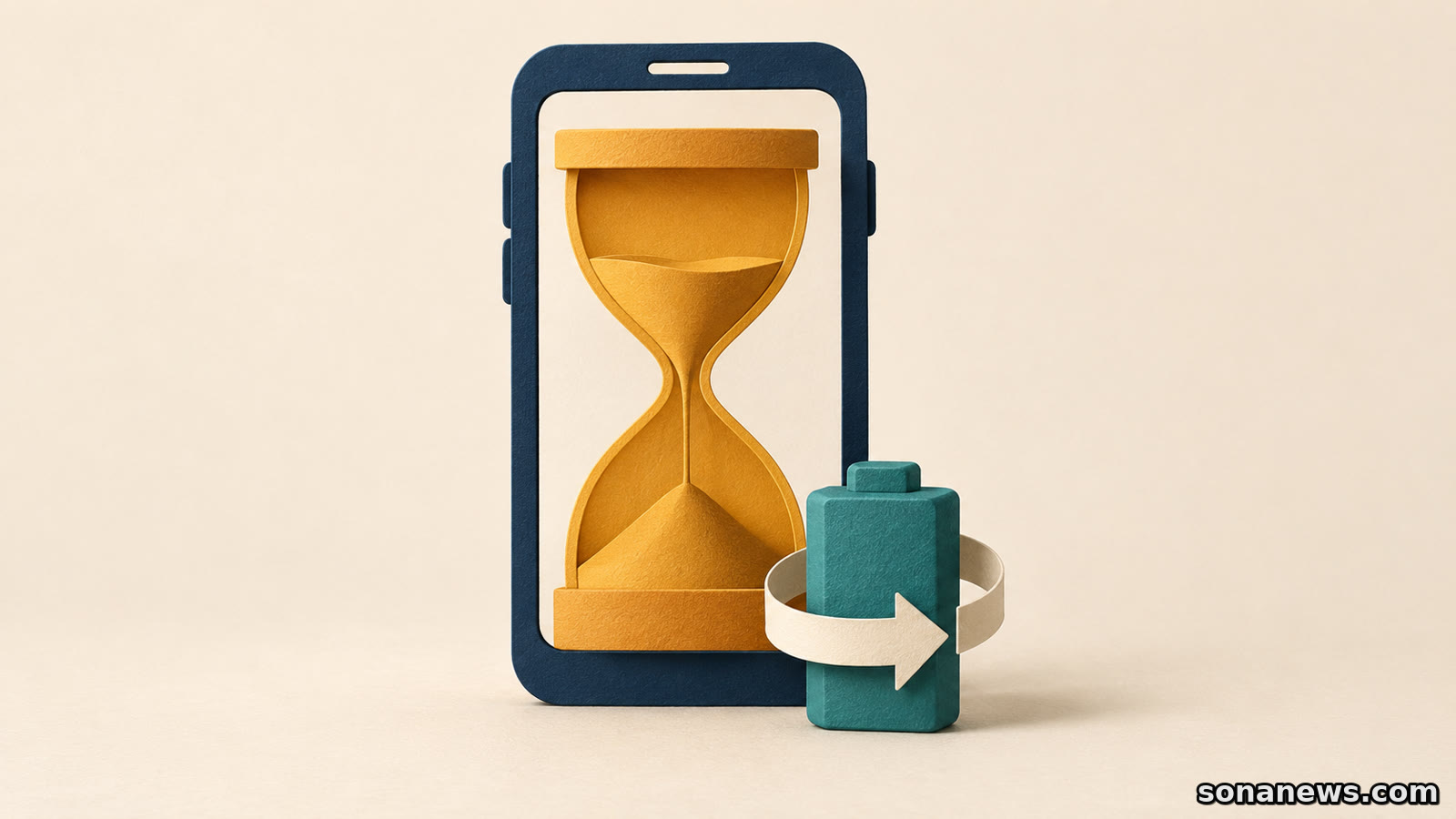 Ilustração de uma ampulheta dentro de um smartphone e de uma bateria rodeada por uma fita circular, distinguindo autonomia e ciclos.