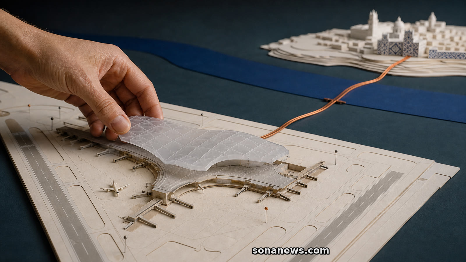 Mão ajusta terminal translúcido numa maquete do futuro aeroporto de Lisboa, ligada por ferrovia através de um rio azul.