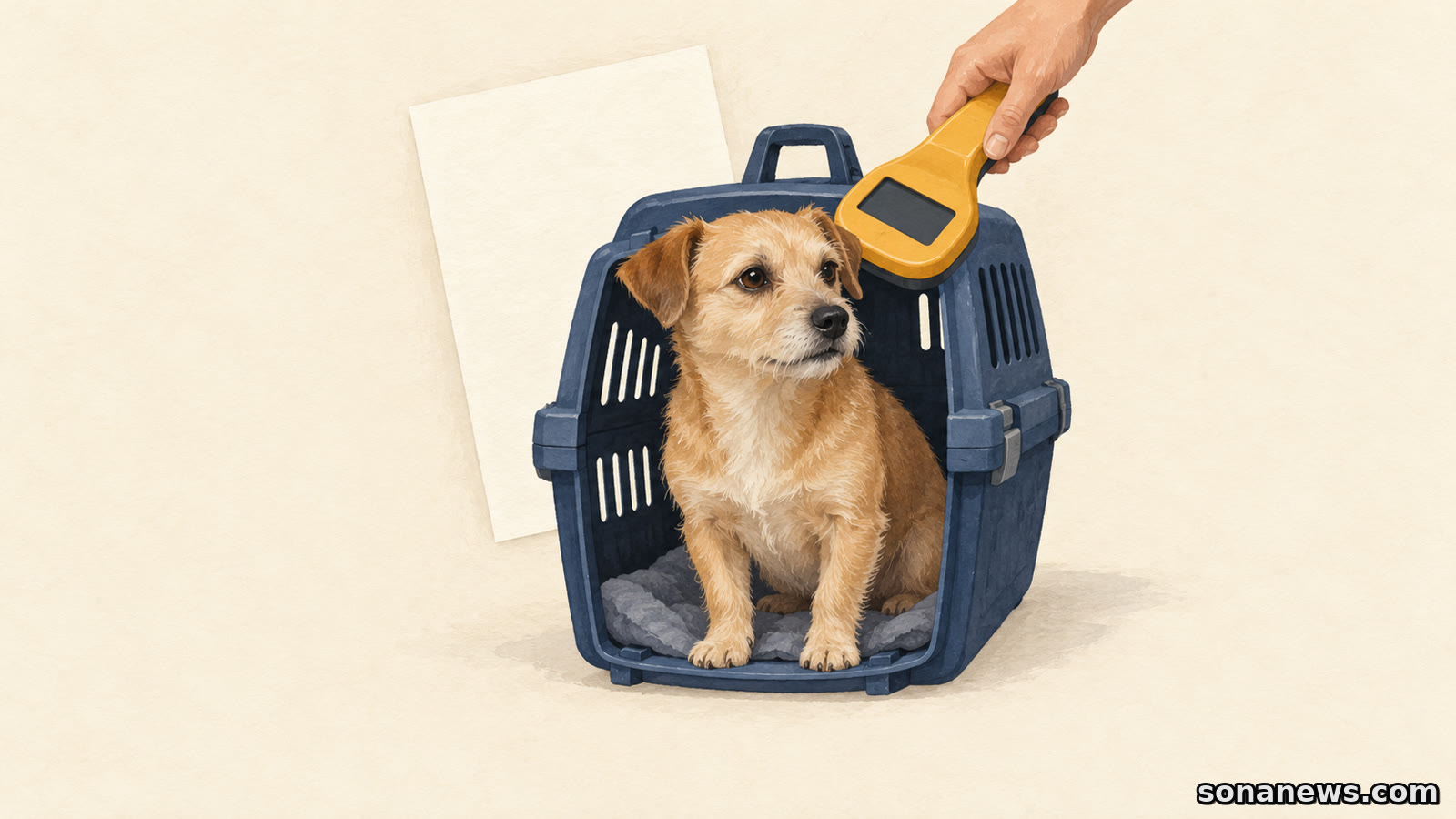Ilustração de um cão numa transportadora, com um leitor de microchip junto à cabeça, evocando a identificação nas viagens para a UE.