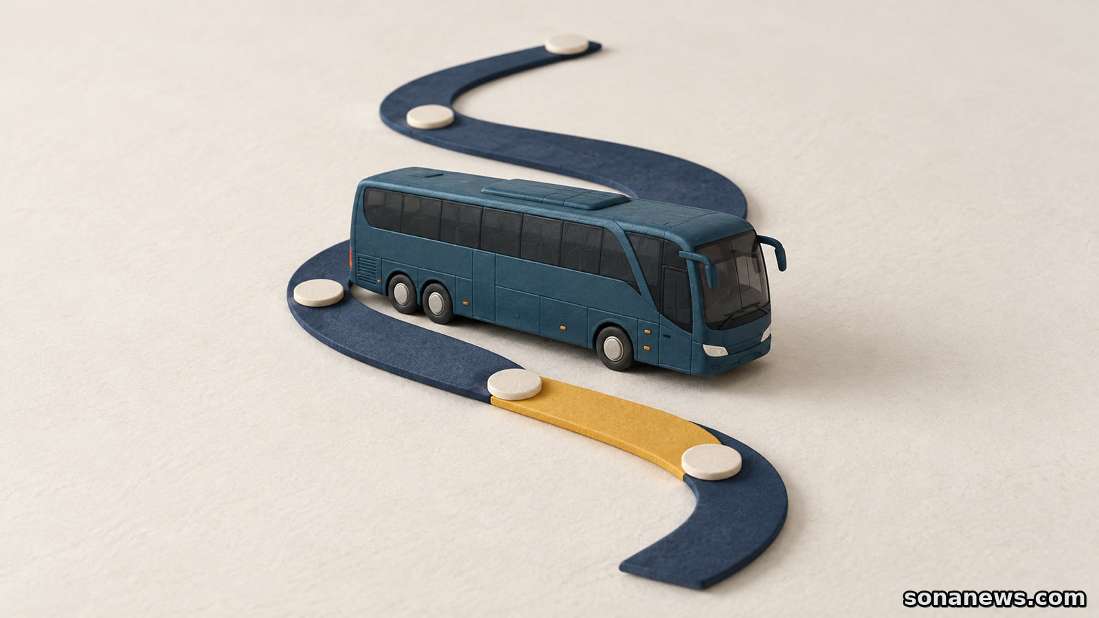 Ilustração de um autocarro junto a uma linha sinuosa, com um pequeno troço âmbar entre paragens dentro de um percurso maior.