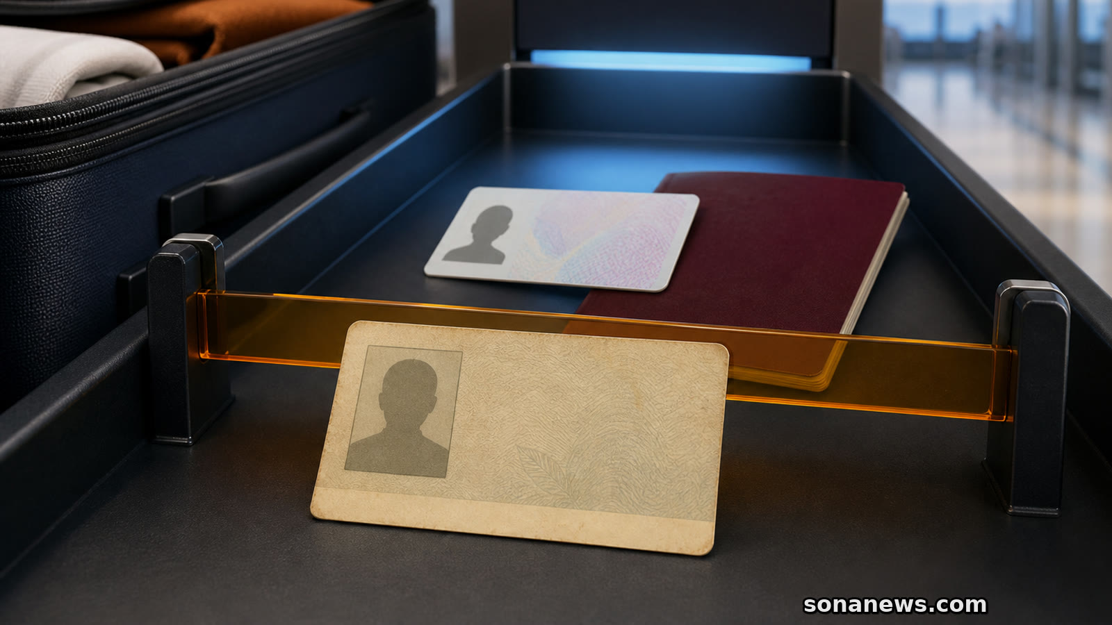 Bilhete de Identidade antigo diante de uma barreira de aeroporto, com Cartão de Cidadão e passaporte no tabuleiro seguinte.