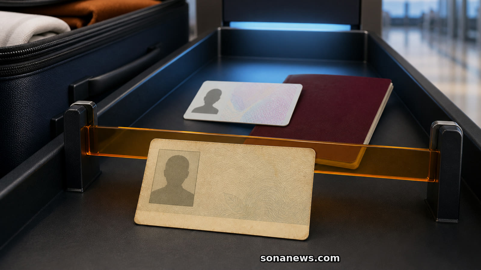 Bilhete de Identidade antigo diante de uma barreira de aeroporto, com Cartão de Cidadão e passaporte no tabuleiro seguinte.
