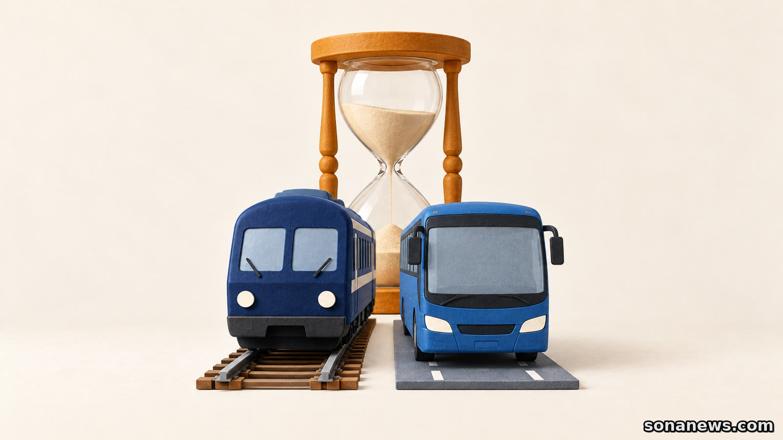 Ilustração de uma ampulheta atrás de um comboio sobre carris e de um autocarro, evocando a espera e o transporte alternativo em Portugal.