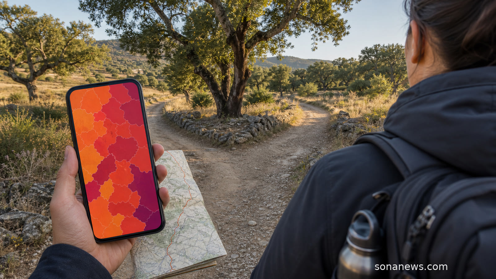 Viajante consulta mapa de perigo de incêndio antes de escolher entre dois trilhos rurais em Portugal.