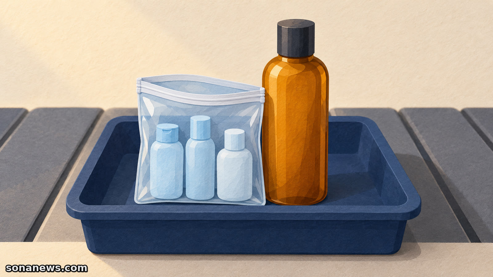 Ilustração de um frasco grande ao lado de um saco transparente com pequenos recipientes, num tabuleiro de segurança aeroportuária.