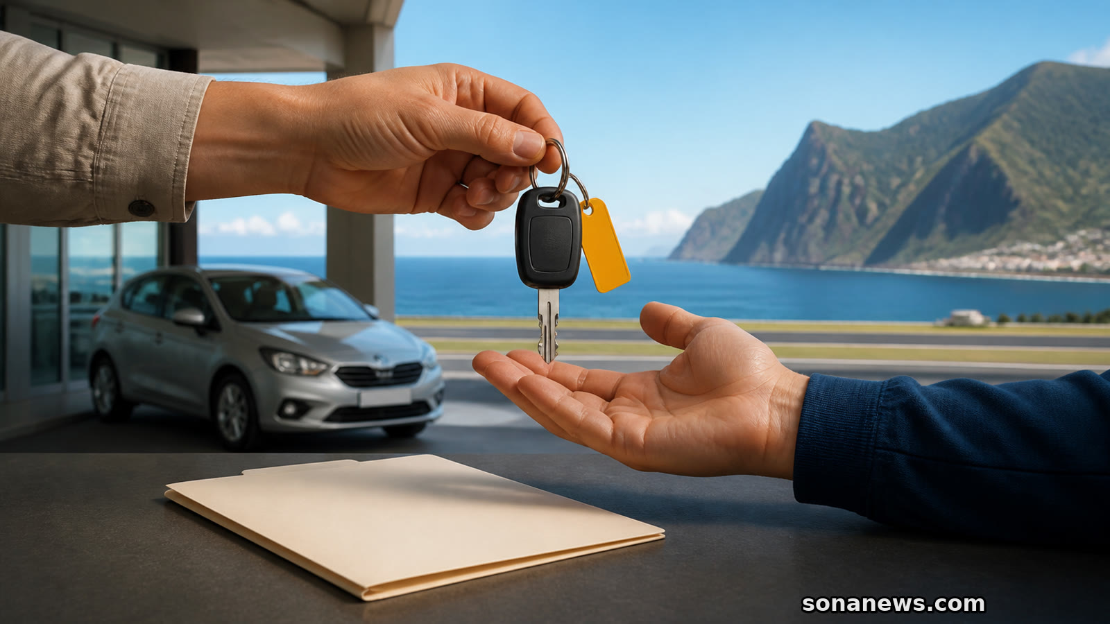 Duas mãos suspendem a entrega conceptual de uma chave de rent-a-car, com carro, mar e relevo insular ao fundo.
